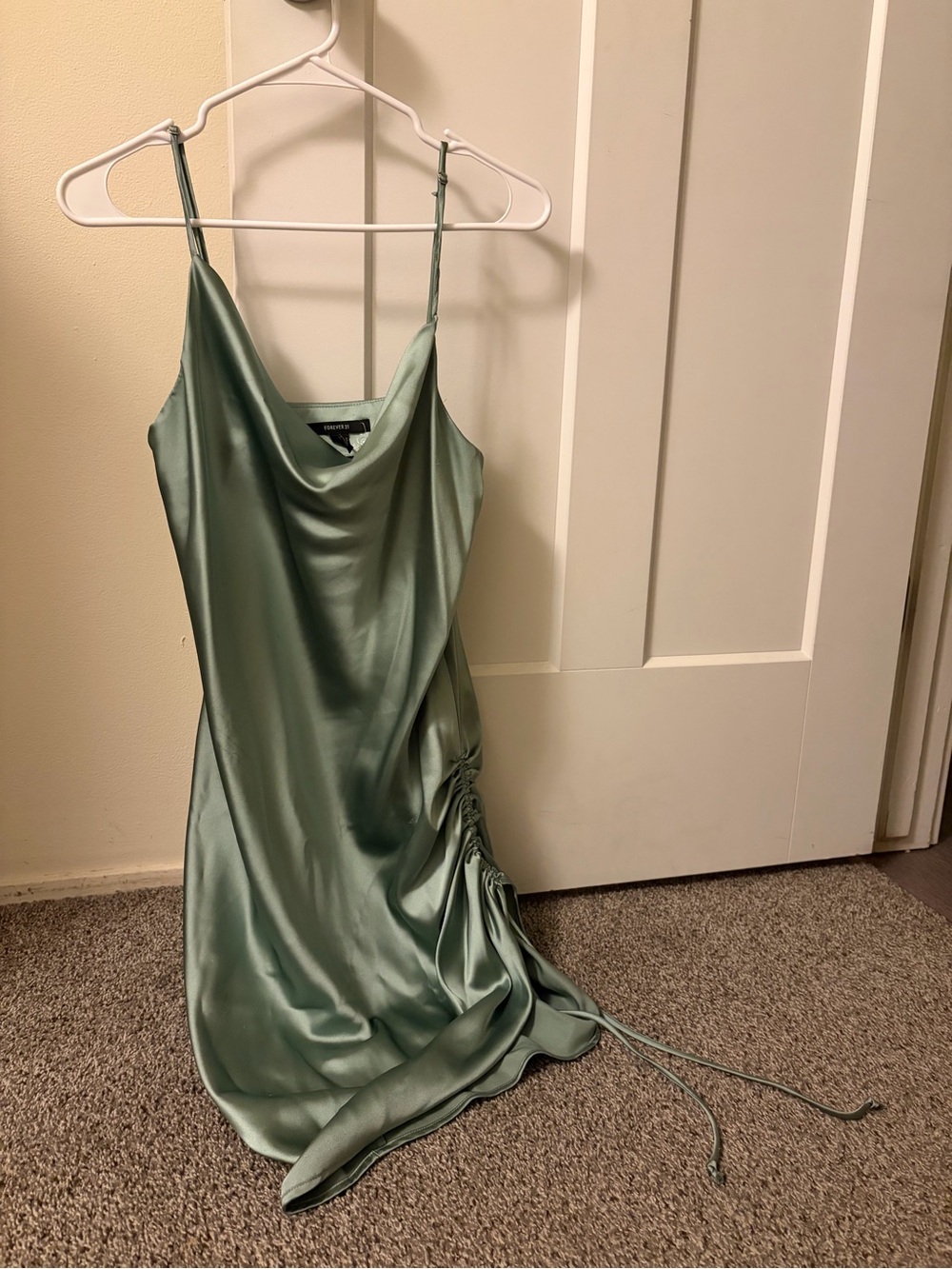 Forever 21 Sage Satin Cowl Slip Dress with Side Ruched Tie